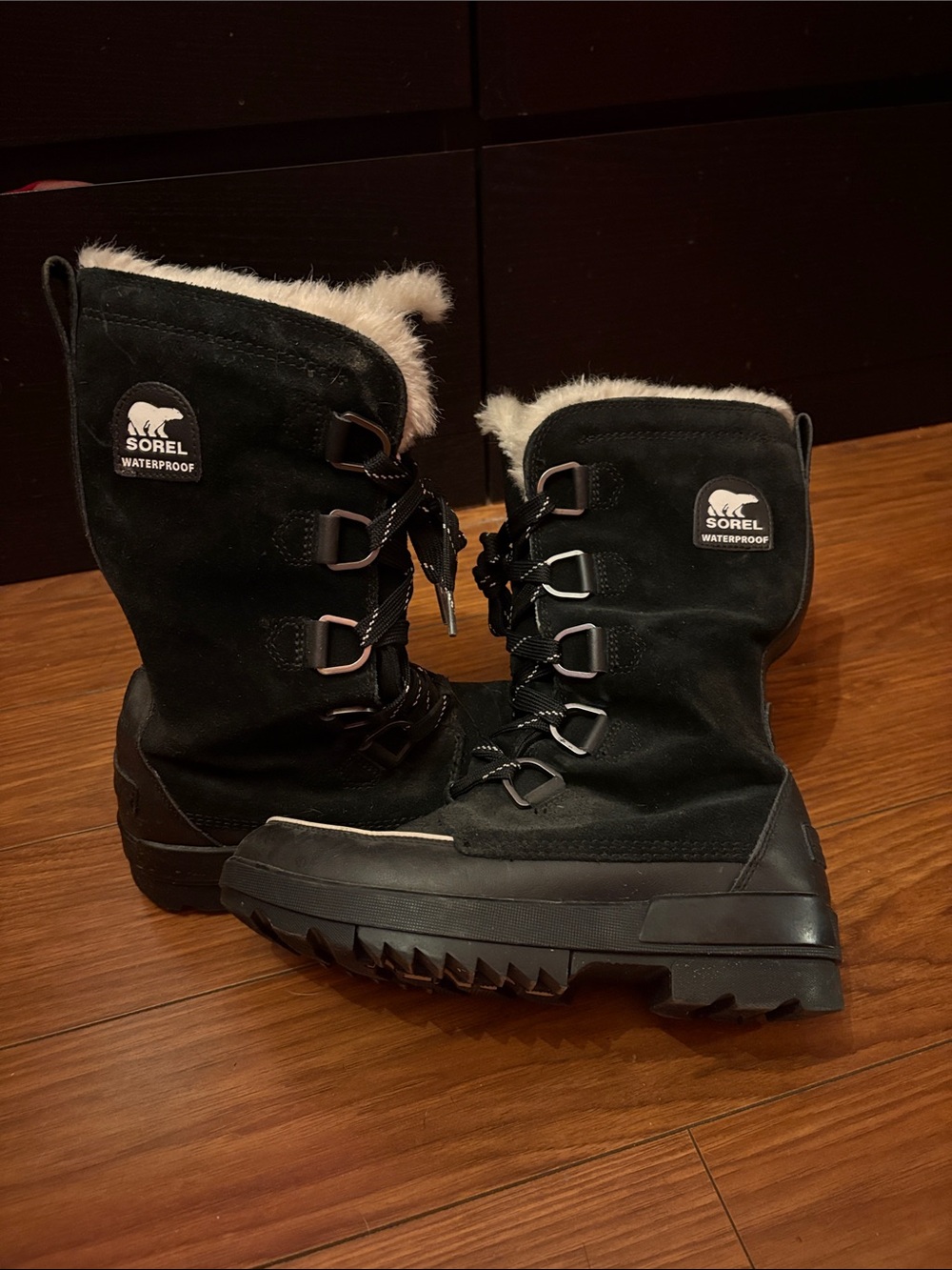 Sorel Black Waterproof Women's Winter Lace-Up Boots with Faux Fur Cuff
